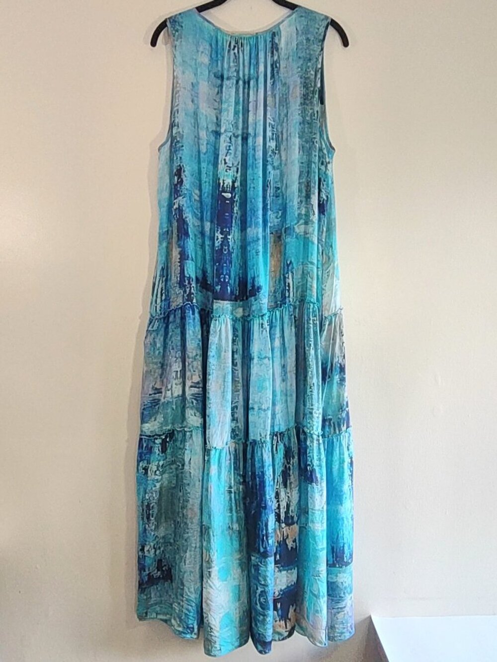 Johnny Was Mint Tiered Silk Maxi Dress Size Large Sea Blue Boho Chic Beach - Picture 6 of 15